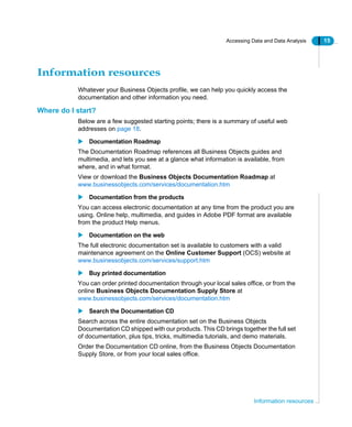 Accessing Data and Data Analysis 15
Information resources
Information resources
Whatever your Business Objects profile, we can help you quickly access the
documentation and other information you need.
Where do I start?
Below are a few suggested starting points; there is a summary of useful web
addresses on page 18.
Documentation Roadmap
The Documentation Roadmap references all Business Objects guides and
multimedia, and lets you see at a glance what information is available, from
where, and in what format.
View or download the Business Objects Documentation Roadmap at
www.businessobjects.com/services/documentation.htm
Documentation from the products
You can access electronic documentation at any time from the product you are
using. Online help, multimedia, and guides in Adobe PDF format are available
from the product Help menus.
Documentation on the web
The full electronic documentation set is available to customers with a valid
maintenance agreement on the Online Customer Support (OCS) website at
www.businessobjects.com/services/support.htm
Buy printed documentation
You can order printed documentation through your local sales office, or from the
online Business Objects Documentation Supply Store at
www.businessobjects.com/services/documentation.htm
Search the Documentation CD
Search across the entire documentation set on the Business Objects
Documentation CD shipped with our products. This CD brings together the full set
of documentation, plus tips, tricks, multimedia tutorials, and demo materials.
Order the Documentation CD online, from the Business Objects Documentation
Supply Store, or from your local sales office.
 