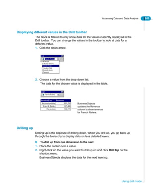 Accessing Data and Data Analysis 243
Using drill mode
Displaying different values in the Drill toolbar
The block is filtered to only show data for the values currently displayed in the
Drill toolbar. You can change the values in the toolbar to look at data for a
different value.
1. Click the down arrow.
2. Choose a value from the drop-down list.
The data for the chosen value is displayed in the table.
Drilling up
Drilling up is the opposite of drilling down. When you drill up, you go back up
through the hierarchy to display data on less detailed levels.
To drill up from one dimension to the next
1. Place the cursor over a value.
2. Right-click on the value you want to drill up on and click Drill Up on the
shortcut menu.
BusinessObjects displays the data for the next level up.
BusinessObjects
updates the Revenue
column to show revenue
for French Riviera.
 