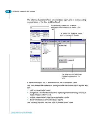 274 Accessing Data and Data Analysis
Using Slice and Dice Mode
The following illustration shows a master/detail report, and its corresponding
representation in the Slice and Dice Panel:
A master/detail report and its representation in the Slice and Dice Panel
The Slice and Dice Panel makes it easy to work with master/detail reports. You
can:
• build a master/detail report
• reorganize a master/detail report by replacing the master or by building a
master/master detail report
• undo a master/detail report by removing the master
• deactivate sections of master/detail reports
The following sections describe how to perform these tasks.
The Available Variables box shows the
variables and formulas you can display in the
report.
The Section box shows the master,
which in this report is Quarter.
The Block Structure box shows
the data that appears in the
table.
 