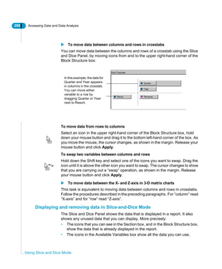 288 Accessing Data and Data Analysis
Using Slice and Dice Mode
To move data between columns and rows in crosstabs
You can move data between the columns and rows of a crosstab using the Slice
and Dice Panel, by moving icons from and to the upper right-hand corner of the
Block Structure box:
To move data from rows to columns
Select an icon in the upper right-hand corner of the Block Structure box, hold
down your mouse button and drag it to the bottom left-hand corner of the box. As
you move the mouse, the cursor changes, as shown in the margin. Release your
mouse button and click Apply.
To swap two variables between columns and rows
Hold down the Shift key and select one of the icons you want to swap. Drag the
icon until it is above the other icon you want to swap. The cursor changes to show
that you are carrying out a “swap” operation, as shown in the margin. Release
your mouse button and click Apply.
To move data between the X- and Z-axis in 3-D matrix charts
This task is equivalent to moving data between columns and rows in crosstabs.
Follow the procedures described in the preceding paragraphs. For “column” read
“X-axis” and for “row” read “Z-axis”.
Displaying and removing data in Slice-and-Dice Mode
The Slice and Dice Panel shows the data that is displayed in a report. It also
shows any unused data that you can display. More precisely:
• The icons that you can see in the Section box, and in the Block Structure box,
show the data that is already displayed in the report.
• The icons in the Available Variables box show all the data you can use,
In this example, the data for
Quarter and Year appears
in columns in the crosstab.
You can move either
variable to a row by
dragging Quarter or Year
next to Resort.
 