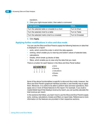 290 Accessing Data and Data Analysis
Using Slice and Dice Mode
transform.
2. Click your right-mouse button, then select a command:
3. Click Apply.
Applying further modifications in slice and dice mode
You can use the Slice and Dice Panel to apply the following features on data that
is displayed in a report:
• sorts, which control the order in which the data appears
• ranking, which enable you to view top and bottom values of selected data.
• calculations
• breaks, which break up blocks of data.
• filters, which enable you to view only the data that you need.
There is a button for each feature in the Slice and Dice Panel toolbar:
None of the above functionalities is specific to slice and dice mode; however, the
Slice and Dice Panel’s graphical interface provides a user-friendly way to apply
them. Moreover, it is useful to be able to perform slice and dice operations, then
apply one or more of these features to the report. For example, if you build a
master/detail report that displays revenue by resort, you can quickly calculate the
total revenue per resort.
In the sections that follow, you learn how to use the Slice and Dice Panel to apply
sorts, ranking, calculations, breaks and filters on report data. References to more
information on the features are provided in their respective sections.
If you want to... Click..
Turn the selected table or crosstab to a chart Turn to Chart
Turn the selected chart to a table Turn to Table
Turn the selected matrix chart to a crosstab Turn to Crosstab
a.Sorts
b.Ranking
c.Calculations
d.Breaks
e.Filters
a b c d e
 
