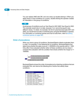 362 Accessing Data and Data Analysis
Customizing Queries on Universes
You can replace AND with OR, and vice versa, by double-clicking it. When you
apply three or more conditions on a query, double-clicking the operator creates
an indentation in the group of conditions.
TIP
Avoid groups of conditions such as Year Equal to 2001 AND Year Equal to 2002.
This example would return no data, because Year cannot be equal to two
different values. To obtain, for example, the list of customers from both 2001 and
2002, you would have to build a combined query using the INTERSECT operator.
For information on combined queries and how to build them, refer to Building
combined queries on page 365.
Order of precedence
When you have a group of conditions, BusinessObjects objects evaluates them
in order. For example, in the following list of conditions, BusinessObjects first
determines whether the sales revenue >= 2000000 or the quantity sold is > 1000.
Only after it has evaluated whether either of these conditions are true does it
compare this evaluation with the condition that checks whether the margin is >=
1000000.
BusinessObjects shows this order of precedence by indenting conditions that are
evaluated first. and returns the following list of stores that satisfy these
conditions::
 
