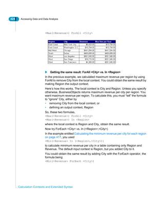 424 Accessing Data and Data Analysis
Calculation Contexts and Extended Syntax
=Max(<Revenue>) ForAll <City>
Getting the same result: ForAll <City> vs. In <Region>
In the previous example, we calculated maximum revenue per region by using
ForAll to remove City from the local context. You could obtain the same result by
making Region the output context.
Here’s how this works. The local context is City and Region. Unless you specify
otherwise, BusinessObjects returns maximum revenue per city per region. You
want maximum revenue per region. To calculate this, you must “tell” the formula
to “ignore” City, either by
• removing City from the local context, or
• defining an output context, Region
So, these two formulas,
=Max(<Revenue>) ForAll <City>
=Max(<Revenue>) In <Region>
where the local context is Region and City, obtain the same result.
Now try ForEach <City> vs. In (<Region>,<City>)
In the example entitled Calculating the minimum revenue per city for each region
on page 417, you used
=Min(<Revenue> In (<Region>,<City>))
to calculate minimum revenue per city in a table containing only Region and
Revenue. The default input context is Region, but you added City to it.
You could obtain the same result by adding City with the ForEach operator, the
formula being
=Min(<Revenue> ForEach <City>)
 