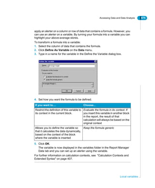 Accessing Data and Data Analysis 475
Local variables
apply an alerter on a column or row of data that contains a formula. However, you
can use an alerter on a variable. By turning your formula into a variable you can
highlight your above-average stores.
To transform a formula into a variable:
1. Select the column of data that contains the formula.
2. Click Define As Variable on the Data menu.
3. Type in a name for the variable in the Define the Variable dialog box.
4. Set how you want the formula to be defined.
5. Click OK.
The variable is now displayed in the variables folder in the Report Manager
Data tab and you can set up an alerter using the variable.
For further information on calculation contexts, see "Calculation Contexts and
Extended Syntax" on page 407.
If you want to.... Choose...
Restrict the definition of this variable to
its context in the current block.
Evaluate the formula in its context. If
you insert this variable in another block
in the report, the result of that
calculation will always be based on the
original context
Allows you to define the variable so
that it calculates the data dynamically,
based on the context of the block
where the variable is inserted
Keep the formula generic
 