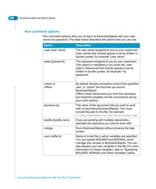 506 Accessing Data and Data Analysis
Launching BusinessObjects with the Run Command
Run command options
Run command options allow you to log in to BusinessObjects with your user
name and password. The table below describes the options that you can use.
Option Description
-user [user name] The user name assigned to you by your supervisor.
User names that include spaces must be written in
double quotes, for example “user name”.
-pass [password] The password assigned to you by your supervisor.
This option is mandatory if you enter the -user
option. Passwords that include spaces must be
written in double quotes, for example “my
password”.
-online or
-offline
By default, the last connection mode of the specified
user, or “online” the first time you launch
BusinessObjects.
Offline mode disconnects you from the repository
and therefore disables remote connections during
your work session.
repname.rep The name of the document that you wish to work
with on launching BusinessObjects. You must
include the path to this file, for example:
c:BusinessObjectsuserdocssales.rep
-keyfile [keyfile name If you are working with multiple repositories,
specifies the repository you want to work with.
-nologo Runs BusinessObjects without showing the logo
screen.
-vars myfile.txt Name of a text file in which variables are specified.
You can specify BOUSER and BOPASS, which
manage your access to BusinessObjects. You can
also declare your own variables in the file. For more
information on these variables, refer to “Specifying
BOUSER, BOPASS and Other Variables” below.
 