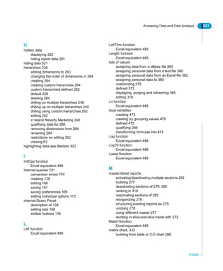 Accessing Data and Data Analysis 523
Index
H
hidden data
displaying 322
hiding report data 321
hiding data 321
hierarchies 239
adding dimensions to 263
changing the order of dimensions in 264
creating 264
creating custom hierarchies 264
custom hierarchies defined 262
default 239
deleting 264
drilling on multiple hierarchies 248
drilling up on multiple hierarchies 249
drilling using custom hierarchies 262
editing 262
in Island Resorts Marketing 240
qualifying data for 266
removing dimensions from 264
renaming 264
restrictions on editing 262
viewing 63
highlighting data see Alerters 323
I
InitCap function
Excel equivalent 489
Internet queries 121
conversion errors 174
creating 138
editing 166
saving 167
saving preferences 168
setting individual options 172
Internet Query Panel
description of 134
setting size 168
toolbar buttons 135
L
Left function
Excel equivalent 489
LeftTrim function
Excel equivalent 489
Length function
Excel equivalent 489
lists of values
assigning data from a dBase file 383
assigning personal data from a text file 380
assigning personal data from an Excel file 382
assigning personal data to 380
customizing 375
defined 373
displaying, purging and refreshing 385
editing 376
Ln function
Excel equivalent 488
local variables
creating 473
creating by grouping values 476
defined 472
qualifying 266
transforming formulas into 474
Log function
Excel equivalent 488
Log10 function
Excel equivalent 488
Lower function
Excel equivalent 489
M
master/detail reports
activating/deactivating multiple sections 282
building 277
deactivating sections of 279, 280
ranking in 318
reactivating sections of 282
reorganizing 276
structuring existing reports as 275
undoing 278
using different master 277
working in slice-and-dice mode with 273
Match function
Excel equivalent 489
matrix chart, 3-D
building from table or 2-D chart 286
 