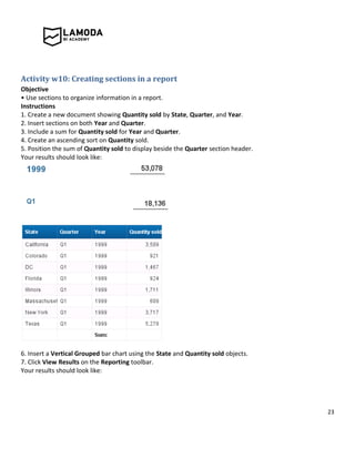 23
Activity w10: Creating sections in a report
Objective
• Use sections to organize information in a report.
Instructions
1. Create a new document showing Quantity sold by State, Quarter, and Year.
2. Insert sections on both Year and Quarter.
3. Include a sum for Quantity sold for Year and Quarter.
4. Create an ascending sort on Quantity sold.
5. Position the sum of Quantity sold to display beside the Quarter section header.
Your results should look like:
6. Insert a Vertical Grouped bar chart using the State and Quantity sold objects.
7. Click View Results on the Reporting toolbar.
Your results should look like:
 