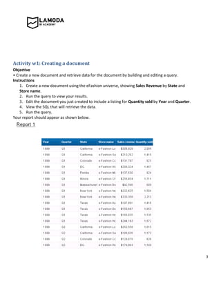 3
Activity w1: Creating a document
Objective
• Create a new document and retrieve data for the document by building and editing a query.
Instructions
1. Create a new document using the eFashion universe, showing Sales Revenue by State and
Store name.
2. Run the query to view your results.
3. Edit the document you just created to include a listing for Quantity sold by Year and Quarter.
4. View the SQL that will retrieve the data.
5. Run the query.
Your report should appear as shown below.
 