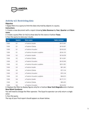 5
Activity w2: Restricting data
Objective
• Apply filters to a query to limit the data returned by objects in a query.
Instructions
1. Create a new document with a report showing Sales Revenue by Year, Quarter and Store
name.
2. Create a query filter (in list) to show data for the store e-Fashion Texas.
3. Run the query to view your results.
4. Replace the filter to display figures only for e-Fashion New York Magnolia and e-Fashion
New Miami Sundance
You will need to change the filter operator. The Equal to operator can only return a single
value.
5. Run the query.
The top of your final report should appear as shown below.
 