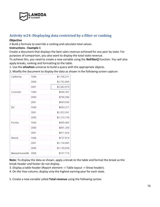 56
Activity w24: Displaying data restricted by a filter or ranking
Objective
• Build a formula to override a ranking and calculate total values.
Instructions - Example 1
Create a document that displays the best sales revenue achieved for any year by state. For
purposes of comparison, you also want to display the total state revenue.
To achieve this, you need to create a new variable using the NoFilter() function. You will also
apply breaks, ranking and formatting to the table.
1. Use the eFashion universe to build a query with the appropriate objects.
2. Modify the document to display the data as shown in the following screen capture:
Note: To display the data as shown, apply a break to the table and format the break so the
break header and footer do not display.
3. Display a table header (Report element -> Table layout -> Show header).
4. On the Year column, display only the highest earning year for each state.
5. Create a new variable called Total revenue using the following syntax:
 