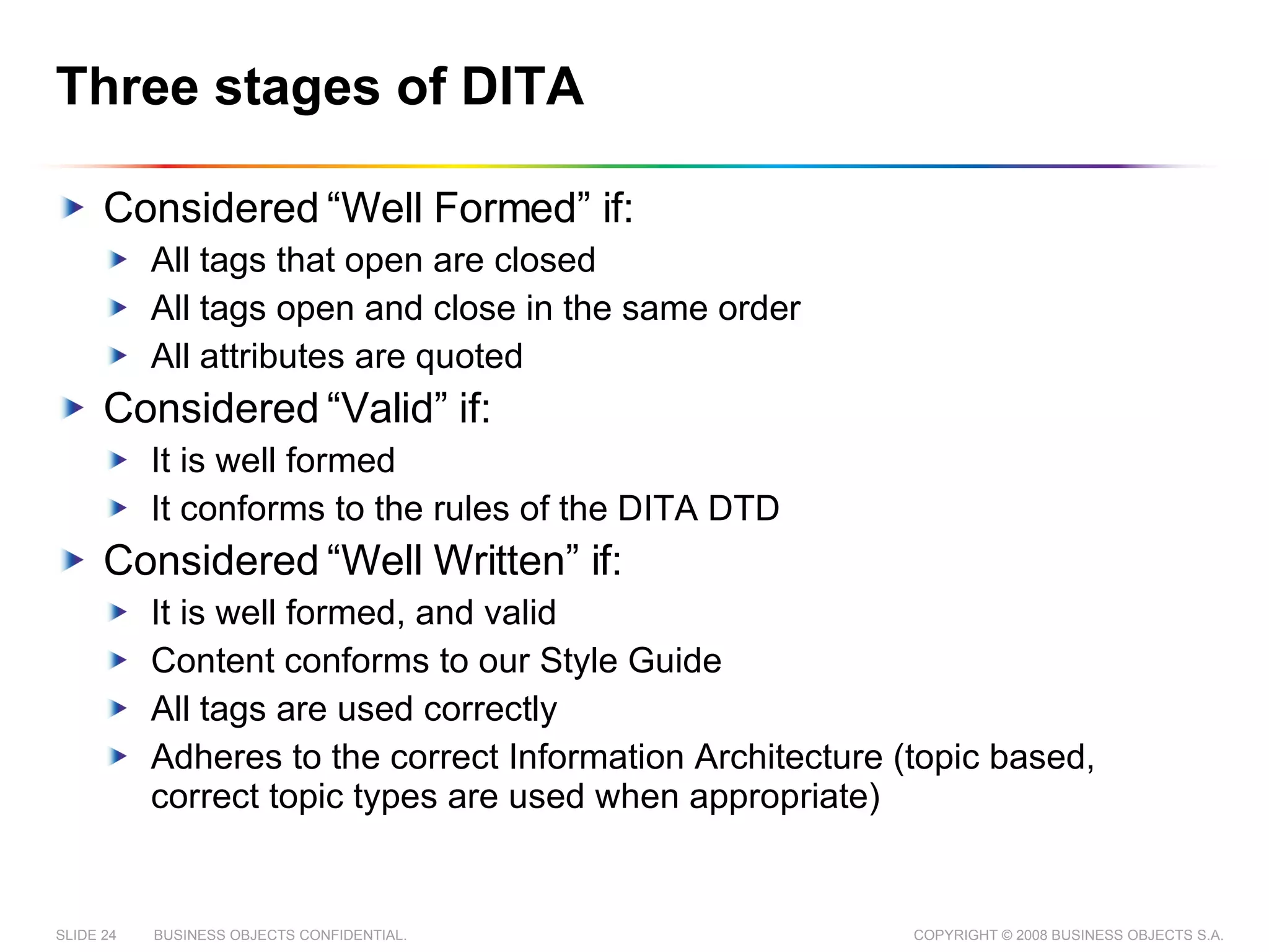 Three stages of DITA Considered “Well Formed” if: All tags that open are closed All tags open and close in the same order All attributes are quoted Considered “Valid” if: It is well formed It conforms to the rules of the DITA DTD Considered “Well Written” if: It is well formed, and valid Content conforms to our Style Guide All tags are used correctly Adheres to the correct Information Architecture (topic based, correct topic types are used when appropriate) 