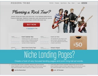 Niche recurringPages?Pages
             Landing Landing
Marketing Plan: Niche revenue
   You need
  Create a host of very focused landing pages and point long-tail ad words.
 