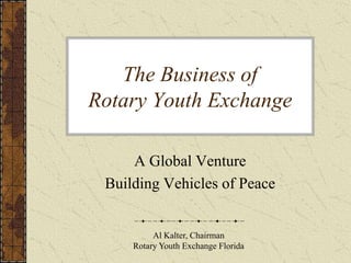 The Business of Rotary Youth Exchange A Global Venture Building Vehicles of Peace Al Kalter, Chairman Rotary Youth Exchange Florida 
