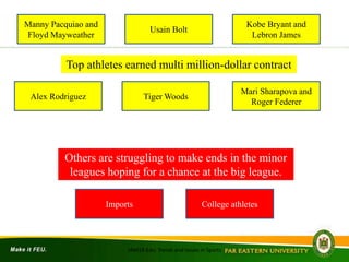 SRM19-Edu: Trends and Issues in Sports
Top athletes earned multi million-dollar contract
Others are struggling to make ends in the minor
leagues hoping for a chance at the big league.
Manny Pacquiao and
Floyd Mayweather
Alex Rodriguez
Kobe Bryant and
Lebron James
Tiger Woods
Mari Sharapova and
Roger Federer
Usain Bolt
Imports College athletes
 