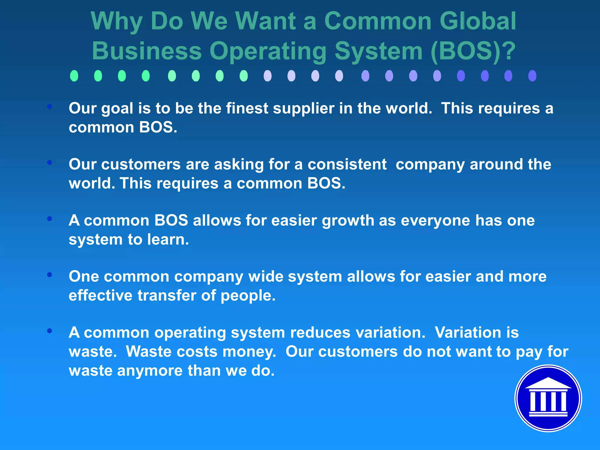 ExceedingCustomer ExpectationsQuality                         Cost                         DeliveryLOSPOSPLUSMOSSystemLeadershipLaunchOperatingSystemProduct OperatingPurchasingSystemSystemManufacturingOperatingVision / Mission / ValuesCustomer RequirementsThe Four Pillars of BOS