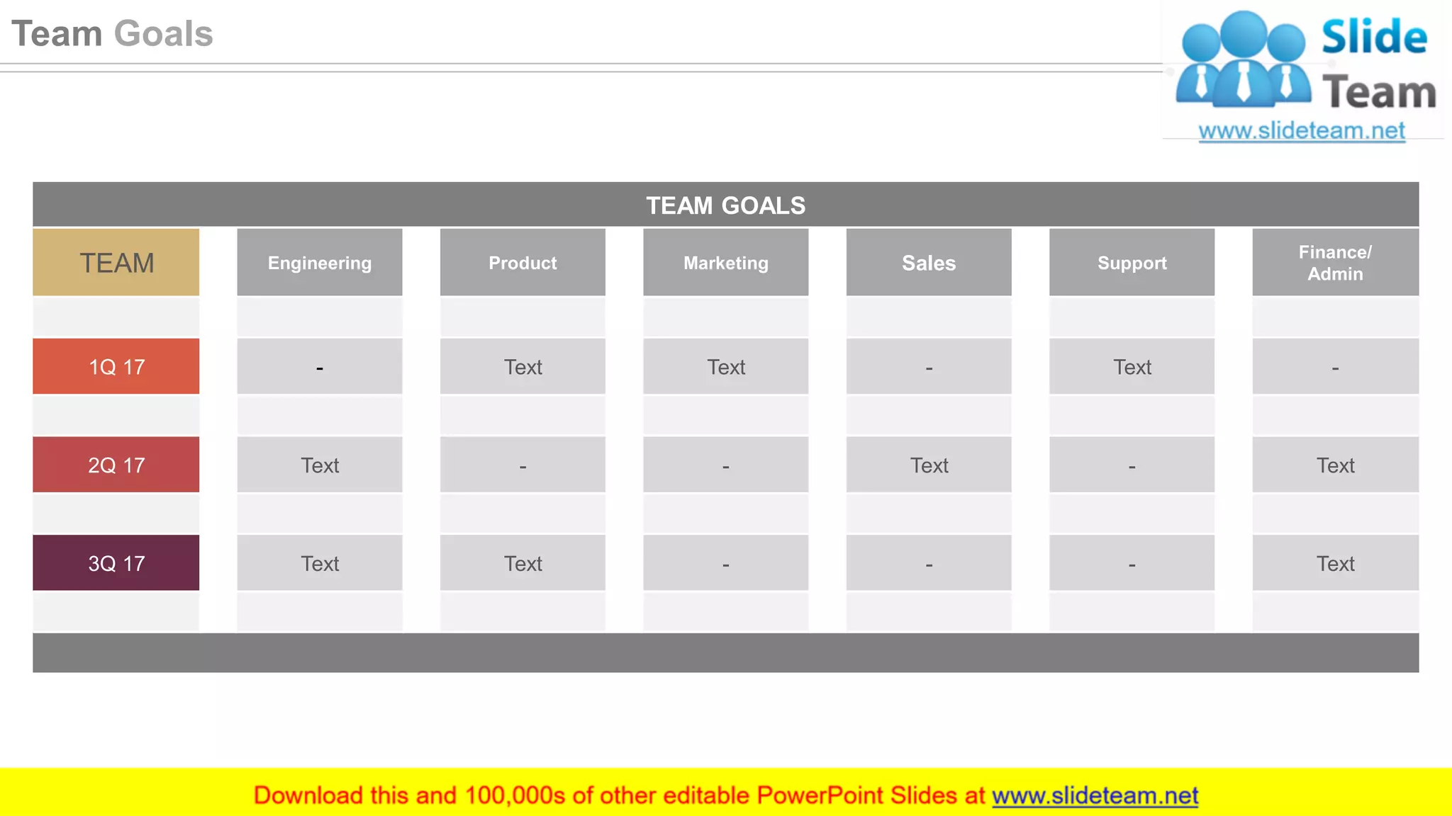 TEAM GOALS
TEAM Engineering Product Marketing Sales Support
Finance/
Admin
1Q 17 - Text Text - Text -
2Q 17 Text - - Text - Text
3Q 17 Text Text - - - Text
38
Team Goals
 