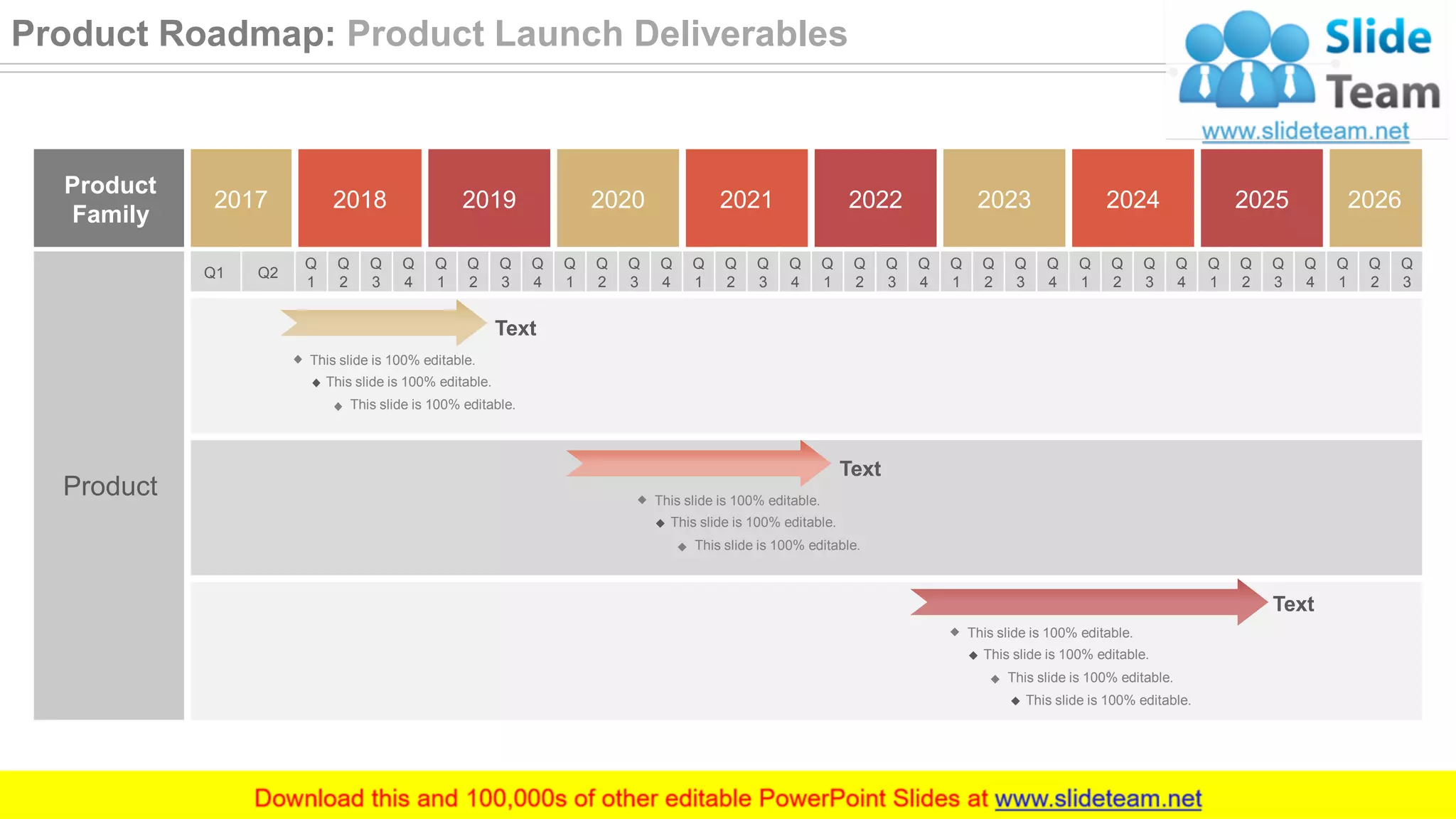 Product
Family
2017 2018 2019 2020 2021 2022 2023 2024 2025 2026
Product
Q1 Q2
Q
1
Q
2
Q
3
Q
4
Q
1
Q
2
Q
3
Q
4
Q
1
Q
2
Q
3
Q
4
Q
1
Q
2
Q
3
Q
4
Q
1
Q
2
Q
3
Q
4
Q
1
Q
2
Q
3
Q
4
Q
1
Q
2
Q
3
Q
4
Q
1
Q
2
Q
3
Q
4
Q
1
Q
2
Q
3
This slide is 100% editable.
This slide is 100% editable.
This slide is 100% editable.
Text
This slide is 100% editable.
This slide is 100% editable.
This slide is 100% editable.
Text
Text
This slide is 100% editable.
This slide is 100% editable.
This slide is 100% editable.
This slide is 100% editable.
45
Product Roadmap: Product Launch Deliverables
 