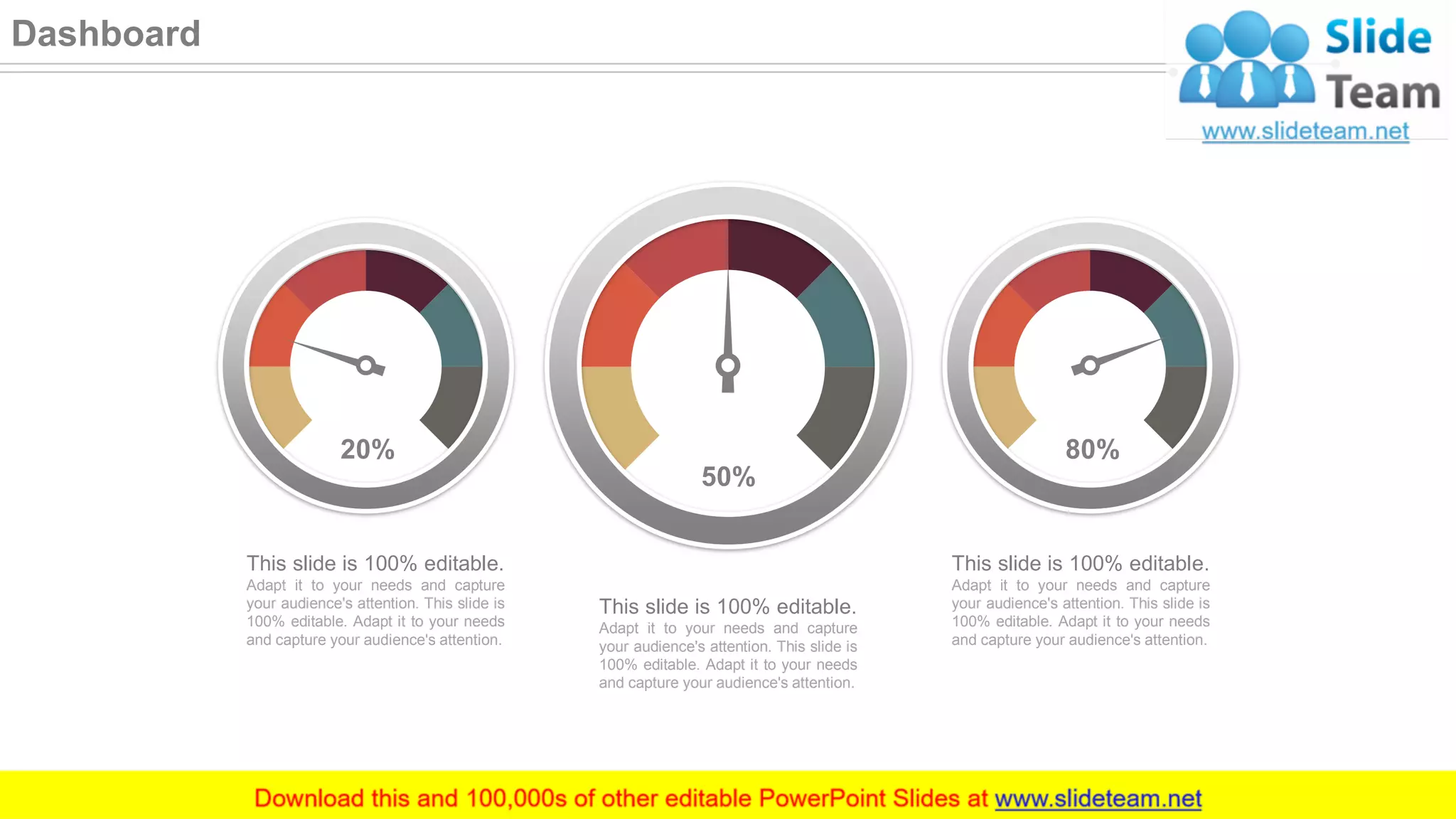 This slide is 100% editable.
Adapt it to your needs and capture
your audience's attention. This slide is
100% editable. Adapt it to your needs
and capture your audience's attention.
This slide is 100% editable.
Adapt it to your needs and capture
your audience's attention. This slide is
100% editable. Adapt it to your needs
and capture your audience's attention.
This slide is 100% editable.
Adapt it to your needs and capture
your audience's attention. This slide is
100% editable. Adapt it to your needs
and capture your audience's attention.
20%
50%
80%
51
Dashboard
 