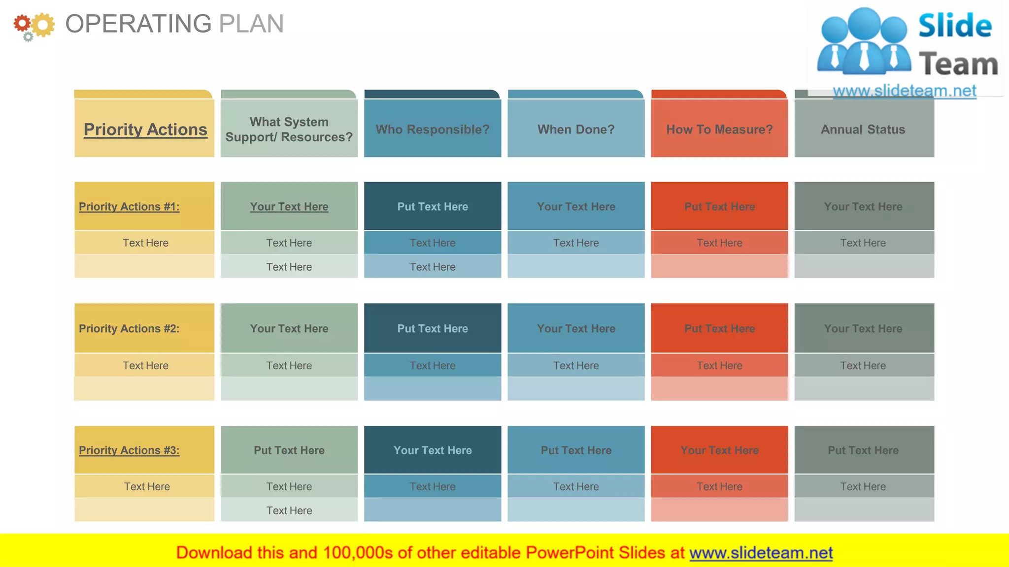 www.companyname.com 35
Priority Actions
What System
Support/ Resources?
Who Responsible? When Done? How To Measure? Annual Status
Priority Actions #1: Your Text Here Put Text Here Your Text Here Put Text Here Your Text Here
Text Here Text Here Text Here Text Here Text Here Text Here
Text Here Text Here
Priority Actions #2: Your Text Here Put Text Here Your Text Here Put Text Here Your Text Here
Text Here Text Here Text Here Text Here Text Here Text Here
Priority Actions #3: Put Text Here Your Text Here Put Text Here Your Text Here Put Text Here
Text Here Text Here Text Here Text Here Text Here Text Here
Text Here
OPERATING PLAN
 