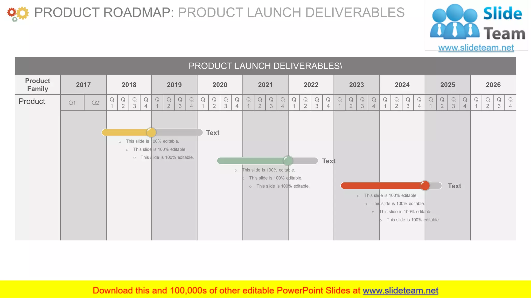 www.companyname.com 45
PRODUCT LAUNCH DELIVERABLES
Product
Family
2017 2018 2019 2020 2021 2022 2023 2024 2025 2026
Product Q1 Q2
Q
1
Q
2
Q
3
Q
4
Q
1
Q
2
Q
3
Q
4
Q
1
Q
2
Q
3
Q
4
Q
1
Q
2
Q
3
Q
4
Q
1
Q
2
Q
3
Q
4
Q
1
Q
2
Q
3
Q
4
Q
1
Q
2
Q
3
Q
4
Q
1
Q
2
Q
3
Q
4
Q
1
Q
2
Q
3
Q
4
PRODUCT ROADMAP: PRODUCT LAUNCH DELIVERABLES
o This slide is 100% editable.
o This slide is 100% editable.
o This slide is 100% editable.
Text
o This slide is 100% editable.
o This slide is 100% editable.
o This slide is 100% editable.
o This slide is 100% editable.
Text
o This slide is 100% editable.
o This slide is 100% editable.
o This slide is 100% editable.
Text
 