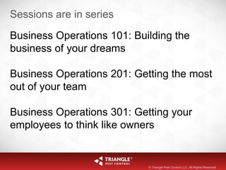 Sessions are in series
Business Operations 101: Building the
business of your dreams
Business Operations 201: Getting the most
out of your team
Business Operations 301: Getting your
employees to think like owners
© Triangle Pest Control LLC. All Rights Reserved
 