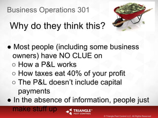 Business Operations 301
Why do they think this?
● Most people (including some business
owners) have NO CLUE on
○ How a P&L works
○ How taxes eat 40% of your profit
○ The P&L doesn’t include capital
payments
● In the absence of information, people just
make stuff up
© Triangle Pest Control LLC. All Rights Reserved
 