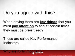 Do you agree with this?
When driving there are key things that you
must pay attention to and at certain times
they must be prioritized?
These are called Key Performance
Indicators
Why are KPIs important?
© Triangle Pest Control LLC. All Rights Reserved
 