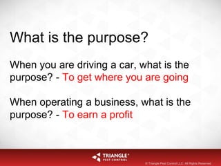 What is the purpose?
When you are driving a car, what is the
purpose? - To get where you are going
When operating a business, what is the
purpose? - To earn a profit
© Triangle Pest Control LLC. All Rights Reserved
 