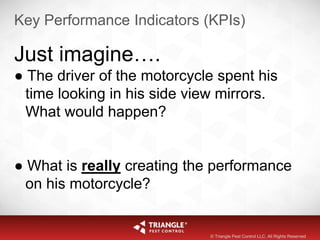 Key Performance Indicators (KPIs)
Just imagine….
● The driver of the motorcycle spent his
time looking in his side view mirrors.
What would happen?
● What is really creating the performance
on his motorcycle?
© Triangle Pest Control LLC. All Rights Reserved
 