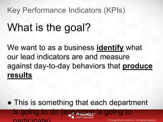 Key Performance Indicators (KPIs)
What is the goal?
We want to as a business identify what
our lead indicators are and measure
against day-to-day behaviors that produce
results
● This is something that each department
is going to do (everyone is going to
© Triangle Pest Control LLC. All Rights Reserved
 