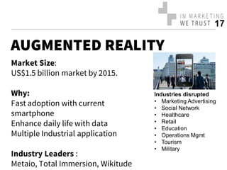 17 
Industries disrupted 
•Marketing Advertising 
•Social Network 
•Healthcare 
•Retail 
•Education 
•Operations Mgmt 
•Tourism 
•Military  