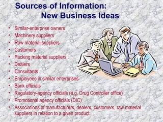 Sources of Information: 
New Business Ideas 
• Similar-enterprise owners 
• Machinery suppliers 
• Raw material suppliers 
• Customers 
• Packing material suppliers 
• Dealers 
• Consultants 
• Employees in similar enterprises 
• Bank officials 
• Regulatory-agency officials (e.g. Drug Controller office) 
• Promotional agency officials (DIC) 
• Associations of manufacturers, dealers, customers, raw material 
suppliers in relation to a given product 

