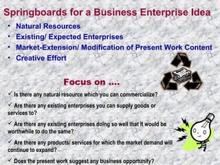Springboards for a Business Enterprise Idea 
• Natural Resources 
• Existing/ Expected Enterprises 
• Market-Extension/ Modification of Present Work Content 
• Creative Effort 
Focus on …. 
 Is there any natural resource which you can commercialize? 
 Are there any existing enterprises you can supply goods or 
services to? 
 Are there any existing enterprises doing so well that it would be 
worthwhile to do the same? 
 Are there any products/ services for which the market demand will 
continue to expand? 
 Does the present work suggest any business opportunity? 
 