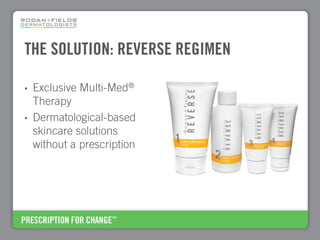 THE SOLUTION: REVERSE REGIMEN

•   Exclusive Multi-Med®
    Therapy
•   Dermatological-based
    skincare solutions
    without a prescription
 