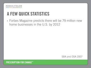 A FEW QUICK STATISTICS
•   Forbes Magazine predicts there will be 79 million new
    home businesses in the U.S. by 2012




                                          SBA and DSA 2007
 