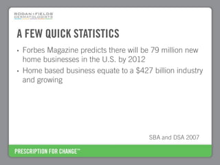 A FEW QUICK STATISTICS
•   Forbes Magazine predicts there will be 79 million new
    home businesses in the U.S. by 2012
•   Home based business equate to a $427 billion industry
    and growing




                                         SBA and DSA 2007
 