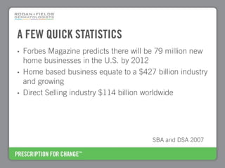 A FEW QUICK STATISTICS
•   Forbes Magazine predicts there will be 79 million new
    home businesses in the U.S. by 2012
•   Home based business equate to a $427 billion industry
    and growing
•   Direct Selling industry $114 billion worldwide




                                         SBA and DSA 2007
 