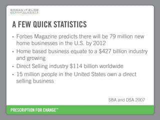 A FEW QUICK STATISTICS
•   Forbes Magazine predicts there will be 79 million new
    home businesses in the U.S. by 2012
•   Home based business equate to a $427 billion industry
    and growing
•   Direct Selling industry $114 billion worldwide
•   15 million people in the United States own a direct
    selling business


                                         SBA and DSA 2007
 