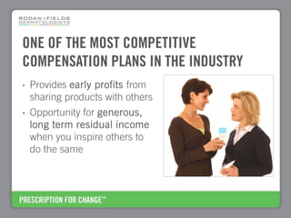 ONE OF THE MOST COMPETITIVE
COMPENSATION PLANS IN THE INDUSTRY
•   Provides early profits from
    sharing products with others
•   Opportunity for generous,
    long term residual income
    when you inspire others to
    do the same
 