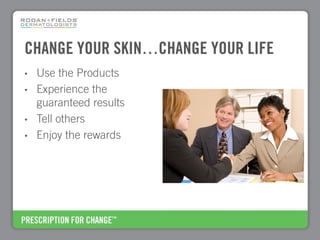 CHANGE YOUR SKIN…CHANGE YOUR LIFE
•   Use the Products
•   Experience the
    guaranteed results
•   Tell others
•   Enjoy the rewards
 
