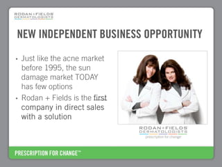 NEW INDEPENDENT BUSINESS OPPORTUNITY
•   Just like the acne market
    before 1995, the sun
    damage market TODAY
    has few options
•   Rodan + Fields is the first
    company in direct sales
    with a solution
 