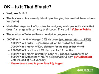 Created by Tomas Laszlo. Some rights reserved: Attribution No Derivatives (CC-BY-ND) 
OK – Is It That Simple? 
•Well, Yes & No ! 
•The business plan is really this simple (but yes, I’ve omitted the numbers for clarity) 
•Herbalife keeps track of turnover by assigning each product a value that doesn’t change with currency or discount. They call it Volume Points 
•The number of Volume Points needed to progress are: 
•500VP in 1 month = You get 35% discount (you never return to 25%!) 
–1000VP in 1 order = 42% discount for the rest of that month 
–2000VP in 1 month = 42% discount for the rest of that month 
–2500VP in 3 months = 42% discount for 12 months 
–4000VP in 1 month or 2500 in each of 2 consecutive months or 5000VP in 12 months = You’re a Supervisor & earn 50% discount until the end of next January! 
–Supervisor Level is your first Big target!  