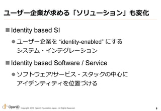 Copyright 2013 OpenID Foundation Japan - All Rights Reserved.
``I롸`󡹤仯
?Identity based SI
? ``I identity-enabled ˤ
ƥ?ƥ`
?Identity based Software / Service
? եȥ/`ӥ?åĤ
ǥƥƥλäŤ
8
 