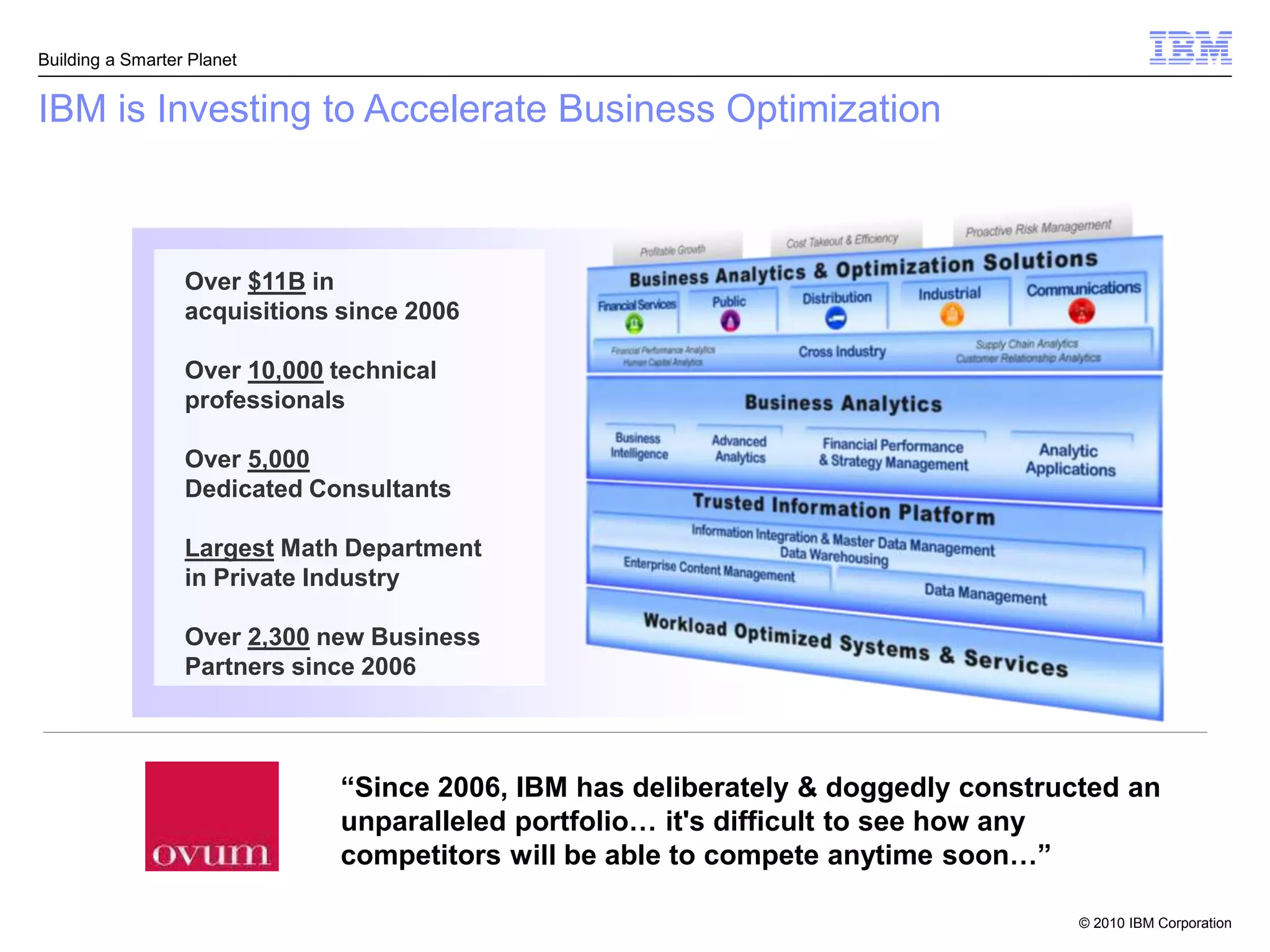 Building a Smarter Planet


IBM is Investing to Accelerate Business Optimization



                  Over $11B in
                  acquisitions since 2006

                  Over 10,000 technical
                  professionals

                  Over 5,000
                  Dedicated Consultants

                  Largest Math Department
                  in Private Industry

                  Over 2,300 new Business
                  Partners since 2006



                               “Since 2006, IBM has deliberately & doggedly constructed an
                               unparalleled portfolio… it's difficult to see how any
                               competitors will be able to compete anytime soon…”

                                                                                    © 2010 IBM Corporation
 