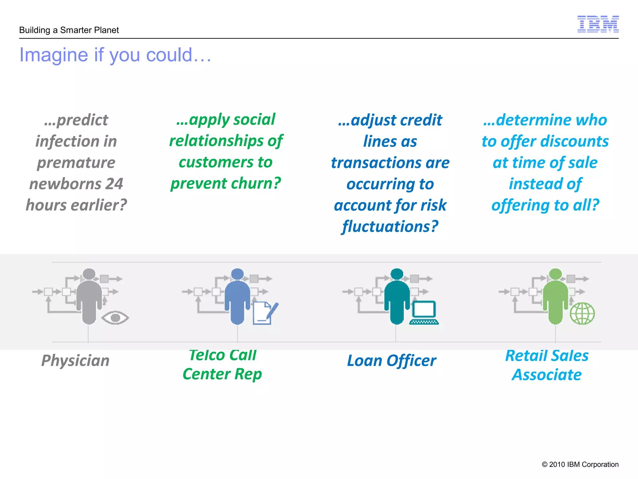 Building a Smarter Planet


Imagine if you could…


   …predict                  …apply social      …adjust credit     …determine who
  infection in              relationships of        lines as       to offer discounts
  premature                  customers to      transactions are      at time of sale
 newborns 24                prevent churn?        occurring to         instead of
 hours earlier?                                 account for risk    offering to all?
                                                 fluctuations?




     Physician                Telco Call         Loan Officer         Retail Sales
                             Center Rep                                Associate



                                                                           © 2010 IBM Corporation
 