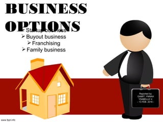 BUSINESS
OPTIONSStartup business
Buyout business
Franchising
Family business
 