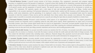 1. Payroll Business System: A payroll system consists of all forms, procedures, files, equipment’s, personnel, and computer support
necessary to completely process the payment of employees. A payroll system fully handles all tax deductions, personal deductions, and the
update of payroll data related to each employee. It provides for the actual payment of employees, a record of that payment, the modification
of all payroll records, and the preparation of payroll reports. The payroll system must also generate all tax documents to include pay-
cheques, W-2 statements, 941 quarterly reports, and a wide range of state and municipal employment tax filings. Another payroll
responsibility is the accurate reporting of all personal deductions to include bonds, medical and life insurance, profit sharing plans, stock
options, credit union deductions, and the garnishing of an employee’s salary by a creditor.These accumulated totals must be reported
accurately to both the recipient of these movies and the individuals from whose salaries these amounts were deducted. The computer’s
support makes it possible to accurately and promptly process a payroll, providing the input data are properly handled on a timely basis.
2. Personnel Business System: Personnel system describes varied aspects of an organisation’s work force. The outputs generated by
personnel systems are frequently used in compiling central & state labor power reports. Retail organisations are major users of accounts
receivable systems, since these systems detail monies that are owed to an organisation. Conversely, accounts payable systems focus on the
monies that are owed to an organisation. These two systems parallel to each other, requiring the continued maintenance of files, their update
reporting on movies due and owed, providing customer statements and invoices, and recording payments made.
3. Accounts Receivable System: An account receivable systems are monitors the flow of money. An accounts receivable system monitors
the people who owe money to a business. It provides the means to process all data for credit cards and other kinds of charge accounts. The
files contain the individual customer data, including names, addresses, financial charges like, payments received and current charges. The
information is issued as monthly statements of each customer and also provides useful information for management’s use.
4. Accounts Payable System: Accounts payable system monitors the organisation to which money is owed. The file structures and
input/output (I/O) formats are similar as the accounts receivable system. It contains the accounts of vendors to whom money is owed. Input
will have goods and services received by the company while outputs include issue of payments and management reports.
5. Inventory System: Inventory system monitors the status of items held in an inventory. These systems report on the quantities of goods on
hand, as well as when items should be purchased to replenish stock and what critical items are needed. Inventory systems are crucial to
organisations that maintain large and costly inventories.
 
