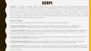 SCOPE
Industry: The word “Industry” refers to that part of business activities which is apprehensive with the
extraction, ...