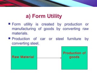 a) Form Utility
 Form utility is created by production or
manufacturing of goods by converting raw
materials.
 Production of car or steel furniture by
converting steel.
Raw Material
Production of
goods
 