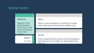Some notes
Neptune
Neptune is the
farthest planet
from the Sun and
the fourth largest
in the Solar
System
Mars
Mars is a very cold place. It’s full of iron oxide
dust, which gives the planet its reddish cast
Venus
It has a beautiful name and is the second planet
from the Sun. It’s terribly hot, even hotter than
Mercury
Saturn
2.7 mm
 